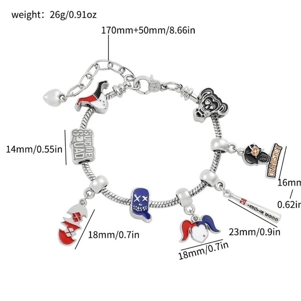 Silver Plated Suicide Squad Harley Quinn Themed Charm Bracelet Adjustable Sizing - Picture 4 of 7